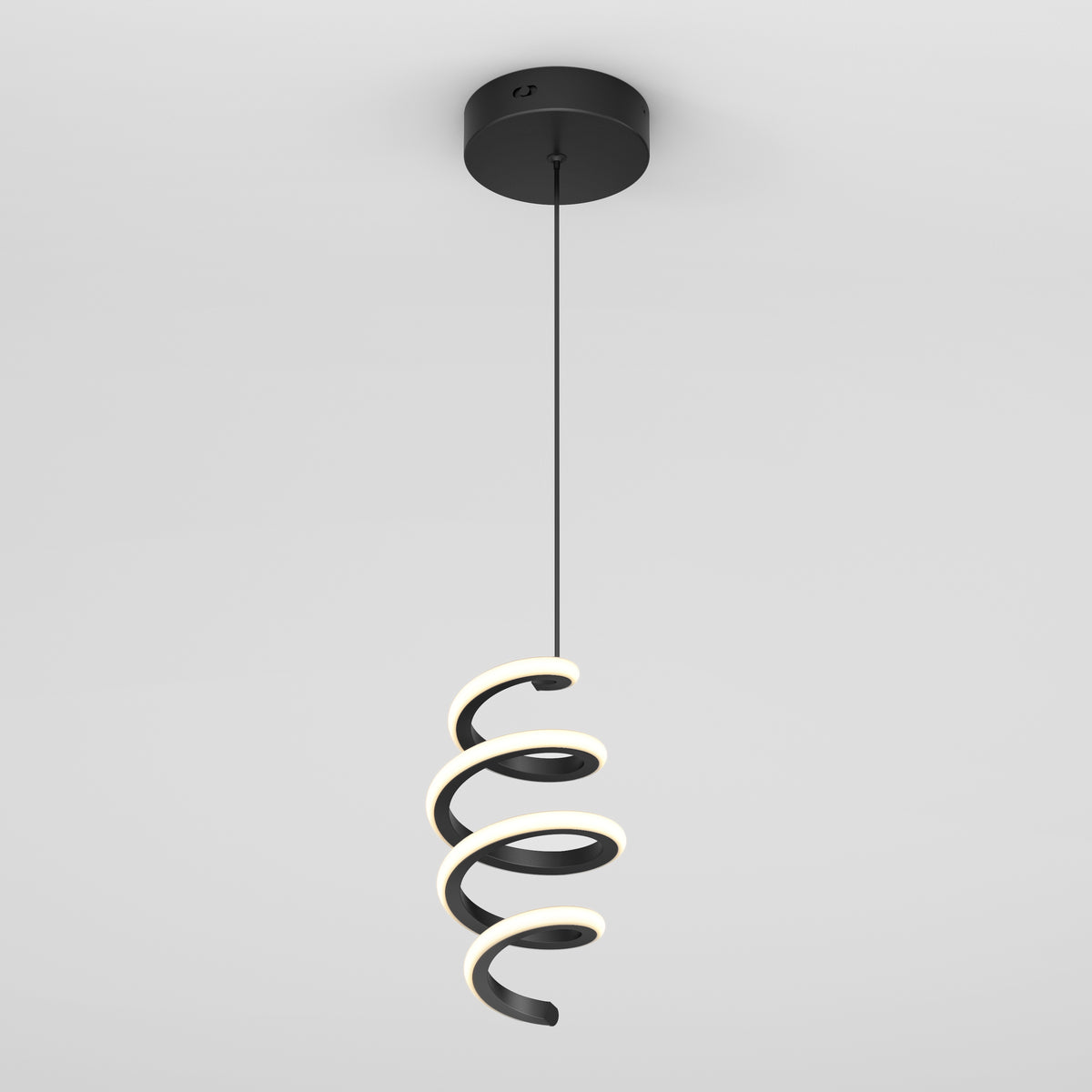 The Artika Chorus 1-light LED pendant features a modern black spiral design, decorative lighting appeal, and hangs from a single black cord against a plain white background. It offers 5 CCT options for customizable illumination.