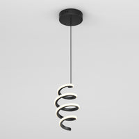 The Artika Chorus 1-light LED pendant features a modern black spiral design, decorative lighting appeal, and hangs from a single black cord against a plain white background. It offers 5 CCT options for customizable illumination.