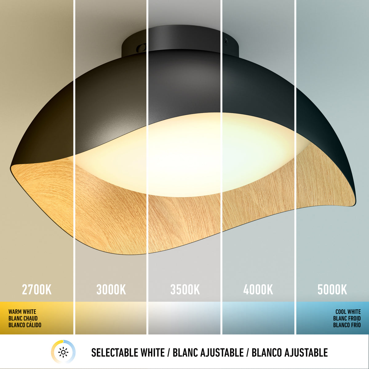A modern ceiling light fixture is shown under five different white light temperatures, labeled 2700K to 5000K, ranging from warm yellow to cool white. A graphic below reads Selectable White in English and French.