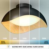 A modern ceiling light fixture is shown under five different white light temperatures, labeled 2700K to 5000K, ranging from warm yellow to cool white. A graphic below reads Selectable White in English and French.