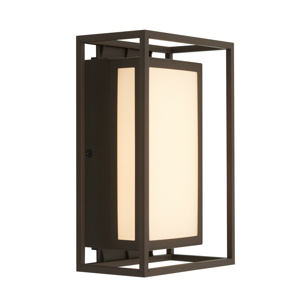 A modern outdoor wall sconce with a rectangular frame in a dark finish, featuring a frosted white glass panel that diffuses light.