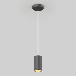 The Artika Alton mini LED pendant light 5 CCT, a modern black cylindrical fixture, hangs by a thin cord and emits a warm glow downward against a plain light gray background.