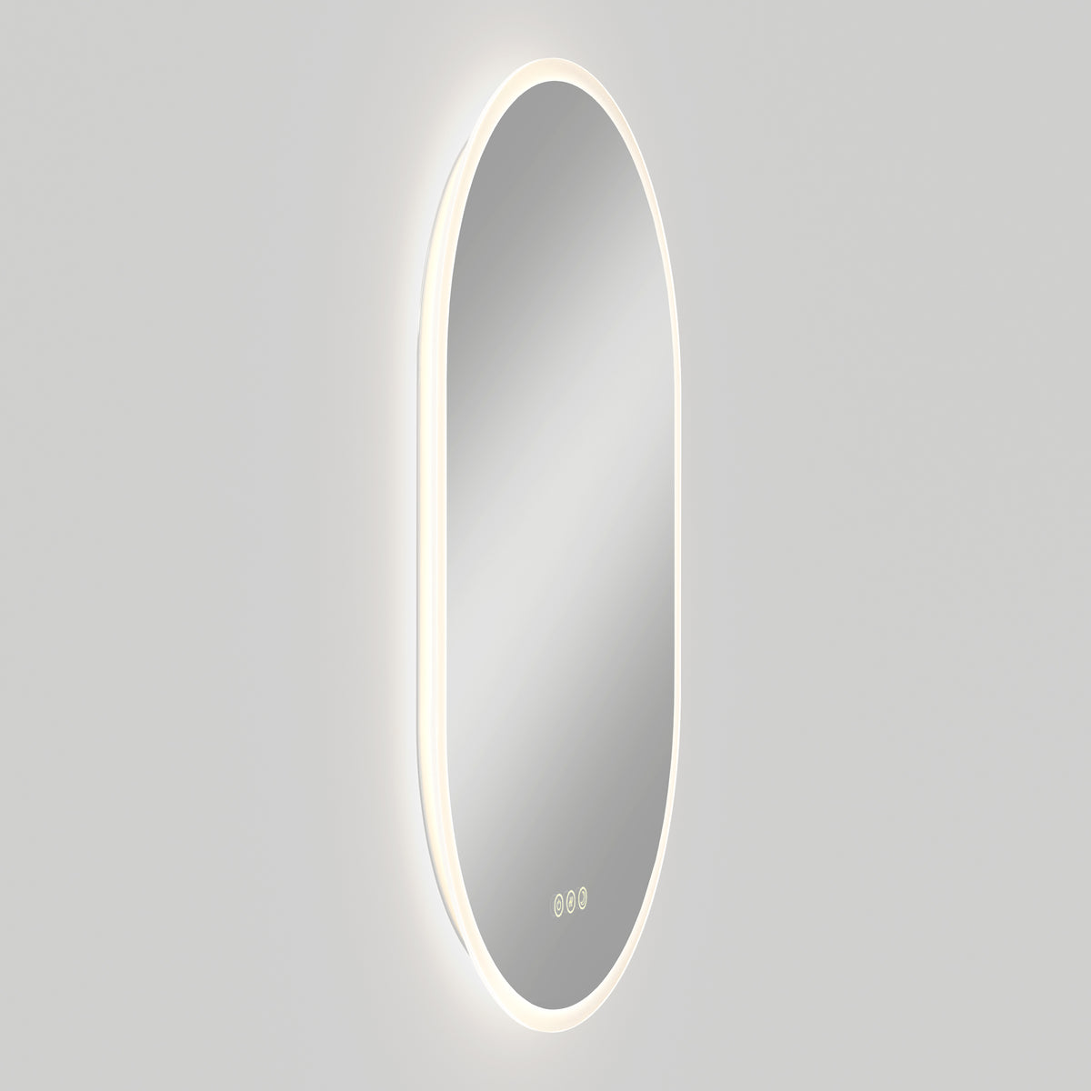 Artika Clara LED Mirror Oval 30x20 in. with Defogger, 3 touch buttons, on a light wall; features 3CCT backlight.
