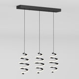 A modern ceiling light fixture with three hanging spiral LED pendants suspended from a rectangular black mount against a plain white background.