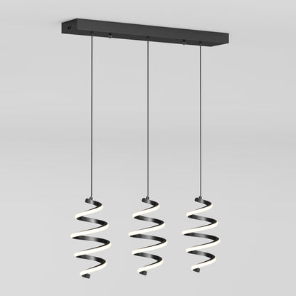 A modern ceiling light fixture with three hanging spiral LED pendants suspended from a rectangular black mount against a plain white background.