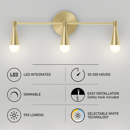 Artika’s Wayden LED mid-century bathroom vanity light 3 CCT features a gold finish, round wall mount, integrated LED (50,000 hrs), dimmable settings, easy installation, 950 lumens output, and selectable white technology.