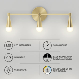 Artika Wayden LED mid-century 3 CCT bathroom vanity light: 950 lumens, dimmable, easy install, long life.