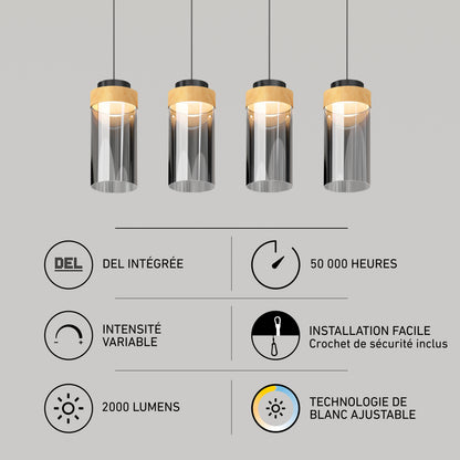 Artika Hanson 4-light LED pendant 5 CCT featuring four cylindrical glass pendants with wood-look bands, 2000 lumens, and dimmable LED.