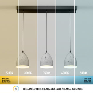 The Artika Bergen 3-light LED pendant light hangs from a ceiling bar, with each pendant shown in different white color temperatures: 2700K (warm), 3000K, 3500K, 4000K, and 5000K (cool), shifting gradually from warm to cool.
