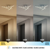 A modern ceiling light shown in three color temperatures: warm white (3000K), neutral white (4000K), and cool white (5000K), each illuminating a hallway in different tones. Selectable white feature highlighted.