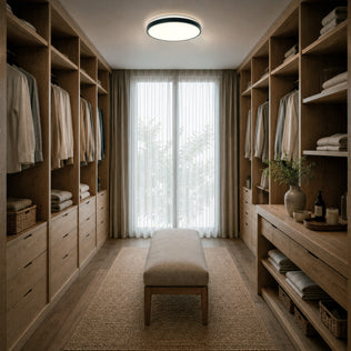 A modern walk-in closet with wooden shelves, baskets, and an Artika Isara 15 in. RGBIC LED Flush Mount for stylish lighting.