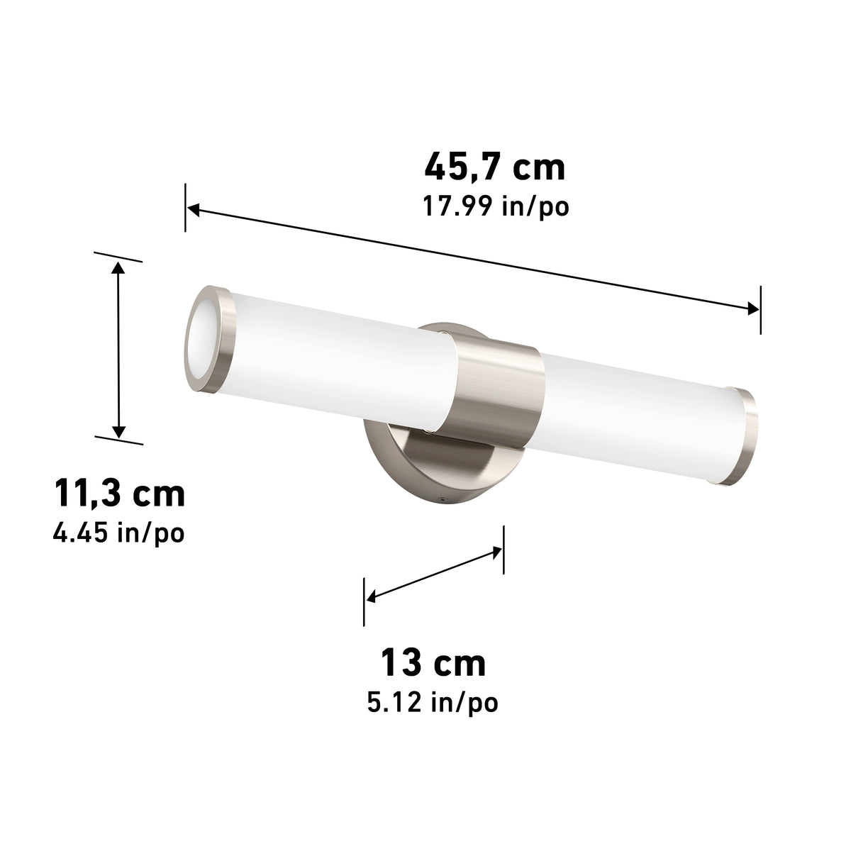 Wall-mounted cylindrical LED light fixture with brushed nickel finish and frosted glass. Dimensions: 45.7 cm wide, 11.3 cm high, and 13 cm deep (17.99 x 4.45 x 5.12 inches), shown with arrows and labels.