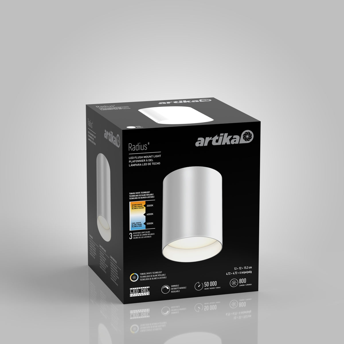 A black retail box for the Artika Radius LED flush mount light, featuring an image of the cylindrical white light fixture and product details such as energy efficiency, 50,000-hour lifespan, and 800 lumens.