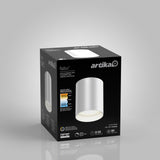 A black retail box for the Artika Radius LED flush mount light, featuring an image of the cylindrical white light fixture and product details such as energy efficiency, 50,000-hour lifespan, and 800 lumens.