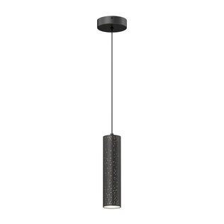 The Artika Cosmic modern LED pendant light 3 CCT features a sleek black cylindrical shade with perforated holes, suspended by a thin cord from a round ceiling mount for a contemporary touch.