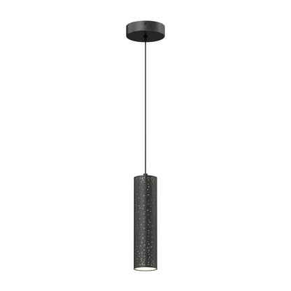 The Artika Cosmic modern LED pendant light 3 CCT features a sleek black cylindrical shade with perforated holes, suspended by a thin cord from a round ceiling mount for a contemporary touch.