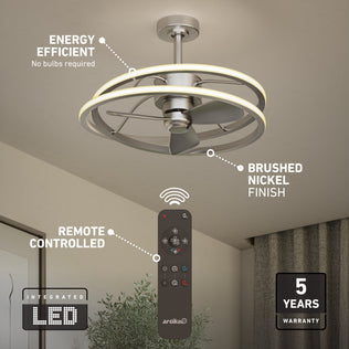 Brushed nickel Artika Coda 23 in. LED modern fandelier ceiling fan with an energy-efficient design, 5-year warranty, and a remote control.