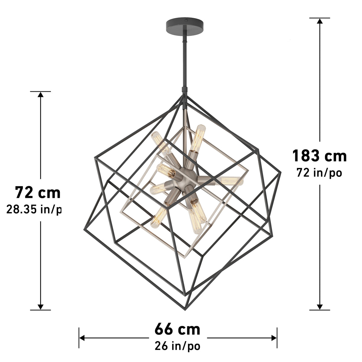 A geometric pendant light fixture with intersecting square frames, central light bulbs, and measurements: height 183 cm, width 66 cm, fixture height 72 cm. Dimensions also shown in inches.