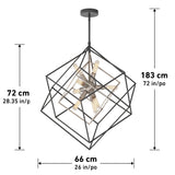A geometric pendant light fixture with intersecting square frames, central light bulbs, and measurements: height 183 cm, width 66 cm, fixture height 72 cm. Dimensions also shown in inches.