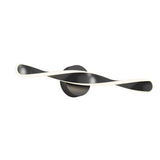A modern wall light fixture with a black circular base and two twisted, ribbon-like arms featuring white edges, creating a sleek and contemporary design.