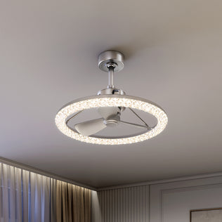 Artika Carat 23" LED Modern Ceiling Fan with remote, gemstone-cut diffuser, and three blades in a sleek contemporary room.