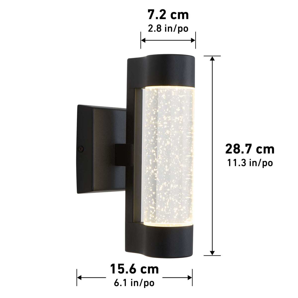 A black wall-mounted outdoor light fixture with a cylindrical, bubble-textured glass shade. Dimensions are labeled: height 28.7 cm (11.3 in), width 15.6 cm (6.1 in), and depth 7.2 cm (2.8 in).