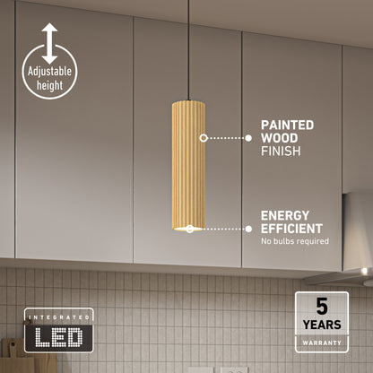 Artika Groove LED modern pendant light 3 CCT in a cylindrical, adjustable design with a painted wood finish and 5-year warranty.