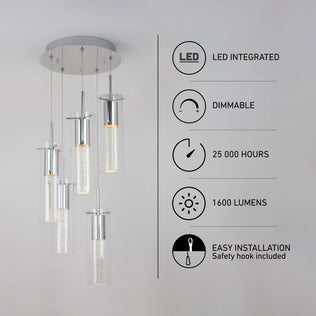 Artika Essence 5-light LED pendant: dimmable, integrated LEDs, 25,000-hour lifespan, and easy to install.