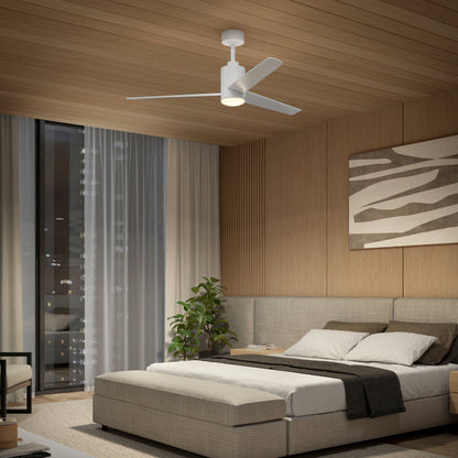 A modern bedroom features wood-paneled walls and ceiling, a large bed with gray bedding, a potted plant, city-view floor-to-ceiling windows, abstract wall art, and an Artika Ellison 52 in. LED modern ceiling fan with remote.