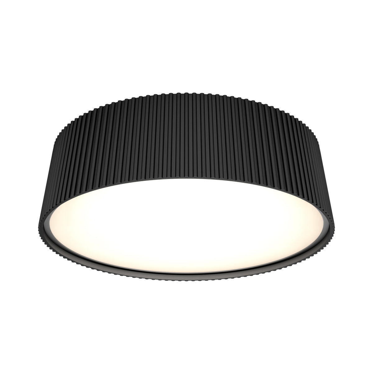 A modern, round black ceiling light fixture with a ribbed texture on the sides and a smooth, glowing white surface underneath.