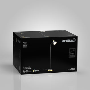 A black box features an image of the Alton LED modern floor lamp, showing its round base and angled shade. The packaging displays the Artika brand name and product details such as Floor Lamp and 3000 K.