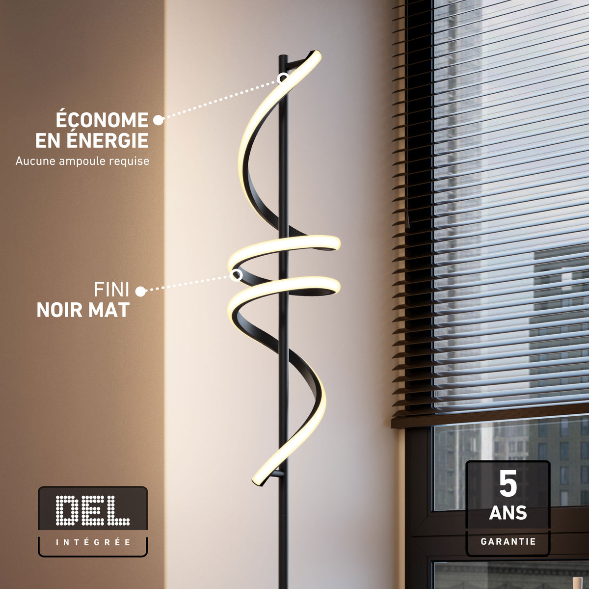 Artika Coda modern LED floor lamp 5CCT: matte black, dimmable, 5 color temps, energy-saving, 5-year warranty.