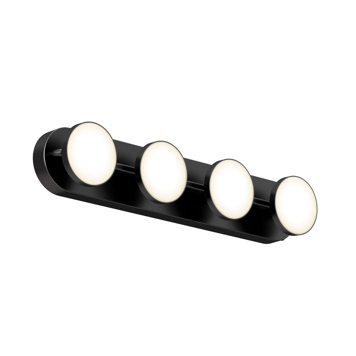 A modern black wall-mounted light fixture with four evenly spaced round LED lights glowing softly against a white background.