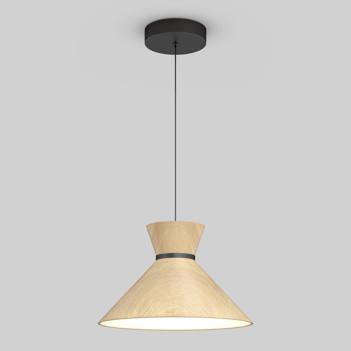 The Artika Inoa LED pendant light features a conical light wood shade with a black cord and round black ceiling mount. This modern fixture offers 5 CCT options and casts a soft, inviting glow.