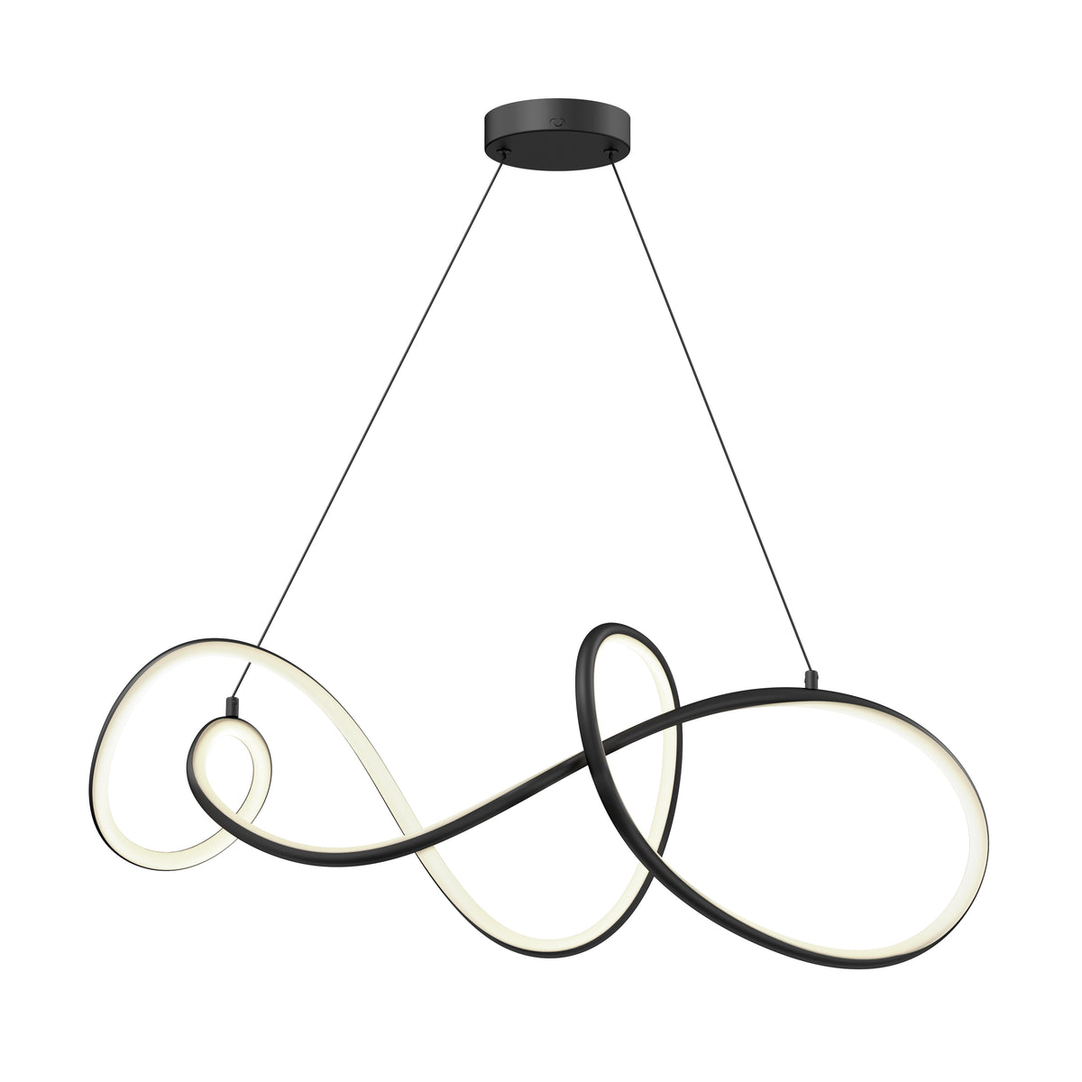 A modern pendant light with an abstract, looping LED design in black, suspended from the ceiling with two thin cables attached to a round black mount.