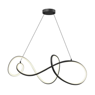 The Artika Siena modern LED pendant light 5 CCT features a continuous, looping black frame with smooth curves, suspended by two cables from a round black ceiling mount. Its frame emits a soft, even glow.