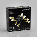 Black product box for Artika Aristo LED flush mount light, featuring an image of the modern chandelier with eight bulbs, gold accents, and product details such as lifespan, brightness, and energy efficiency.