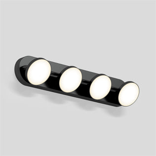 Artika Santori 27-in LED Vanity Light in matte black, with four round lights, shown illuminated on a plain gray background.