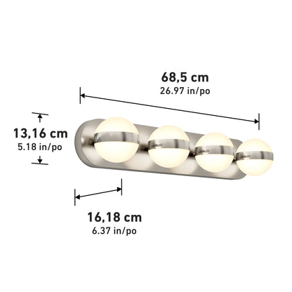 A wall-mounted light fixture with four round, frosted glass bulbs on a metallic base. Dimensions shown: 68.5 cm (26.97 in) wide, 16.18 cm (6.37 in) deep, and 13.16 cm (5.18 in) high.