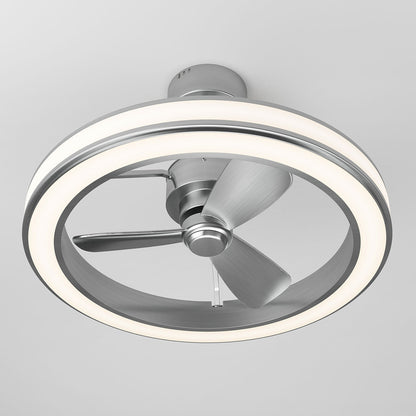 A modern ceiling fan with three metallic blades, surrounded by a circular LED light ring, mounted on a white ceiling.
