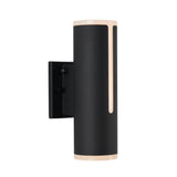 A modern black wall sconce with a cylindrical shape, mounted on a rectangular base, featuring slim vertical light openings and beige accents on the top and bottom edges.