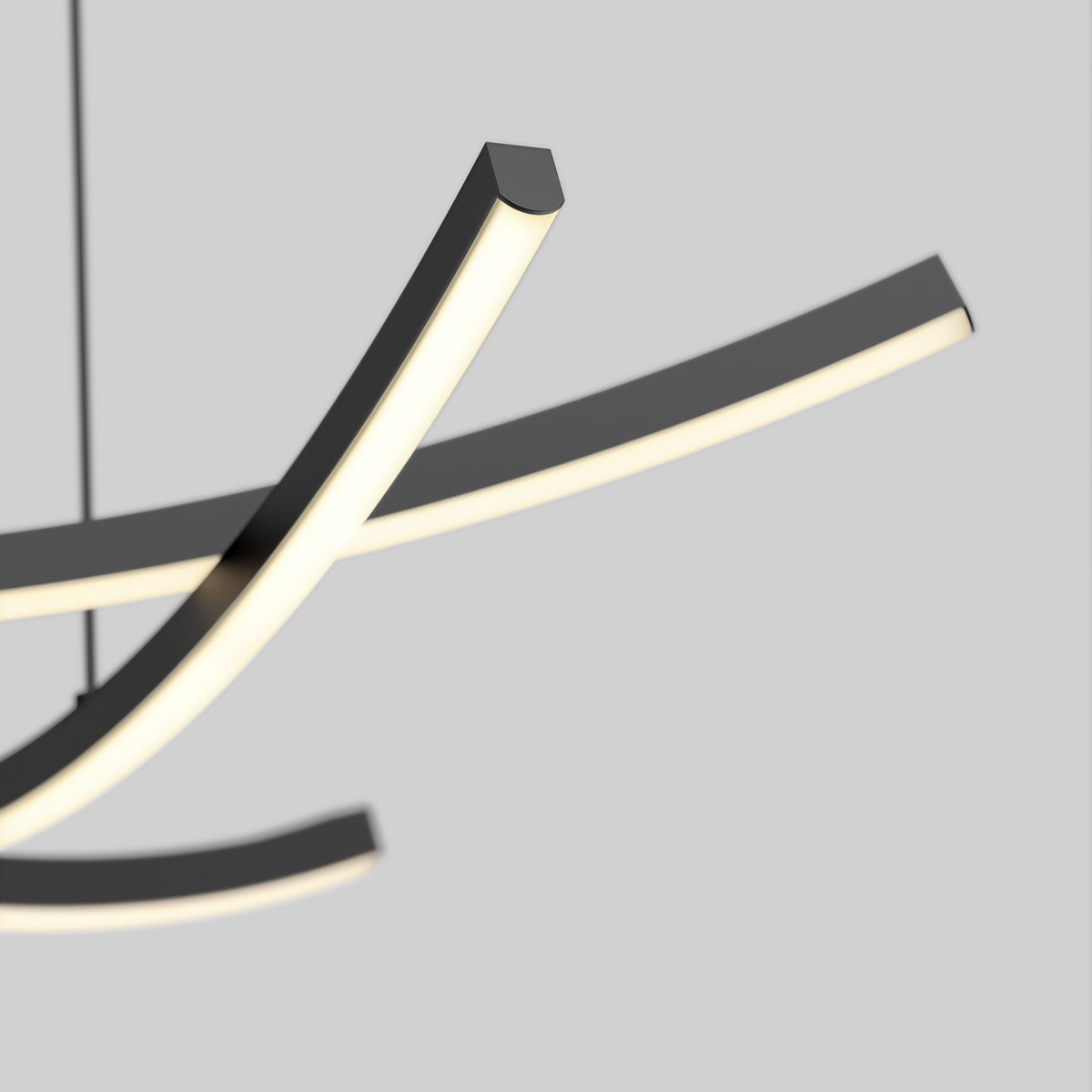 A close-up of the Artika Orly modern LED pendant light 5 CCT, featuring two curved black metal arms with integrated LEDs, set against a plain light gray background.
