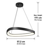 Black, modern, oval-shaped pendant ceiling light with LED illumination, suspended by three cables. The dimensions are labeled as 57.2 cm (22.52 in) wide and a maximum hanging height of 191 cm (75.2 in).