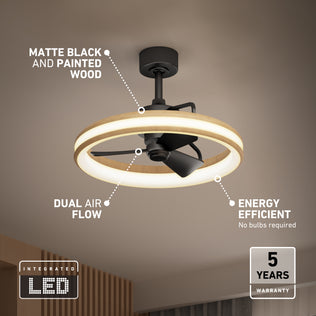 The Artika Lugano 23 in. LED modern ceiling fan features a matte black and wood finish, three black blades, dual airflow, energy efficiency, integrated LED light ring, remote control, and a 5-year warranty.