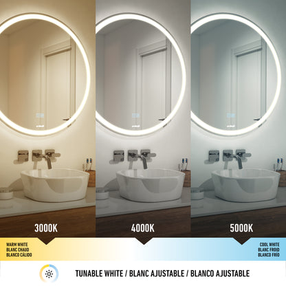 The Artika Mateo 28 in. LED mirror with defogger is shown in three color temperatures: warm white (3000K), neutral white (4000K), and cool white (5000K), each casting different tones on the sink and wall.