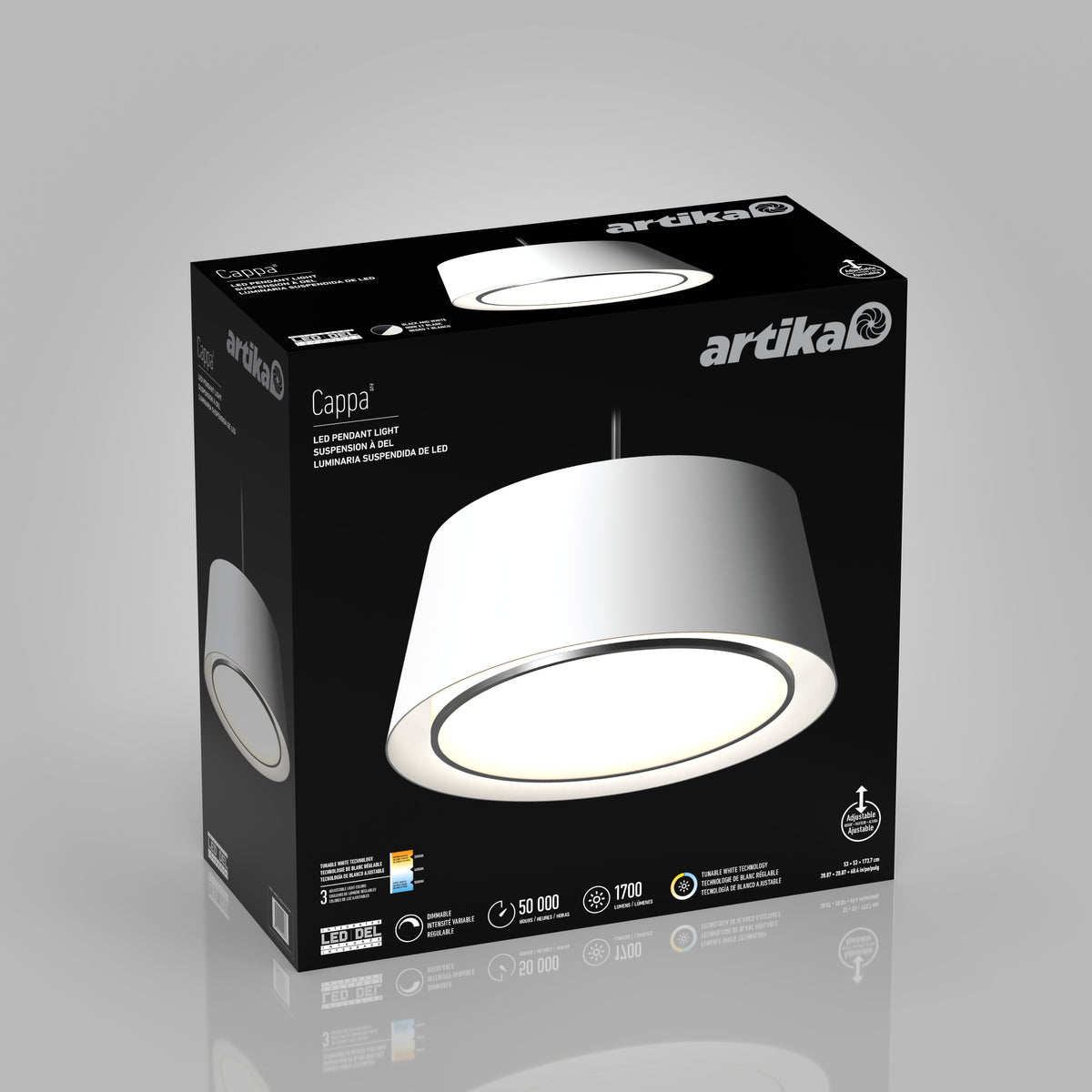 A black Artika box featuring the Cappa LED pendant light, showing an image of the modern white light fixture with specifications like 50,000 hours, 1700 lumens, and adjustable color temperature.