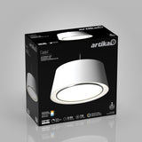 A black Artika box featuring the Cappa LED pendant light, showing an image of the modern white light fixture with specifications like 50,000 hours, 1700 lumens, and adjustable color temperature.
