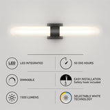 A modern wall-mounted LED light fixture is shown above icons and text highlighting features: LED integrated, 50,000 hours, dimmable, easy installation, 1,500 lumens, and selectable white technology.