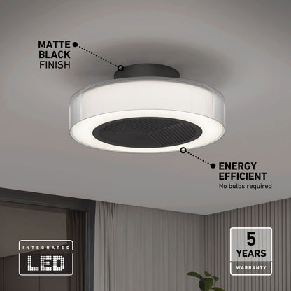 Artika Groove 20″ LED fandelier ceiling fan, matte black, remote included, energy efficient, 5-year warranty—mounted on white ceiling.
