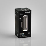 A black box of an Artika Linea outdoor wall light features an image of the modern rectangular fixture with an illuminated strip. The packaging highlights key features and technical details.